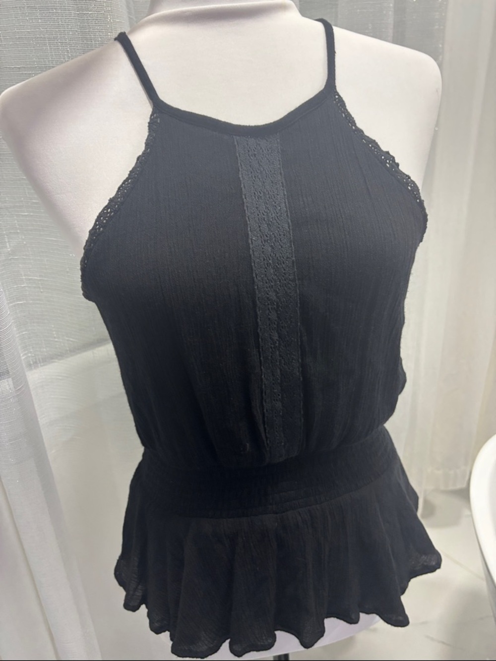 Japna Black Lace-Trim Halter Tank Top